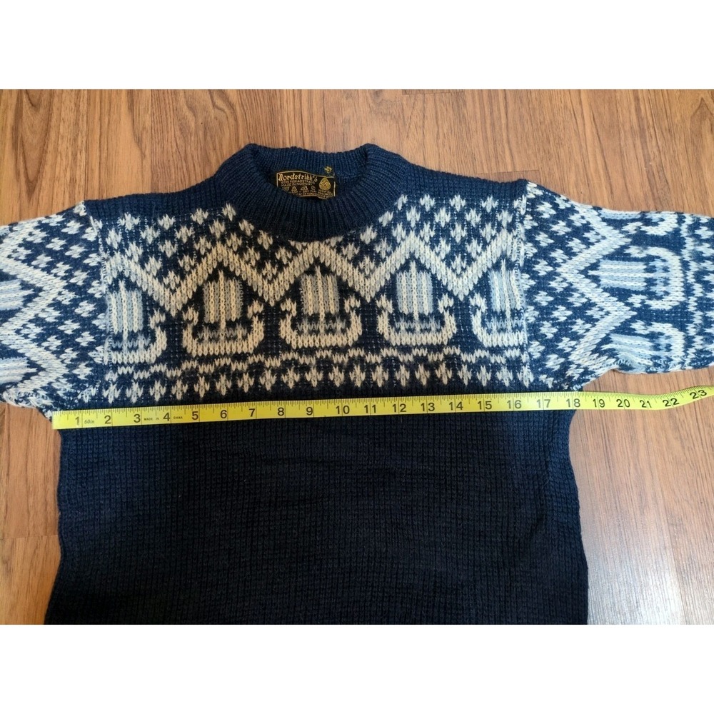 Vtg Viking Ships Nordstrikk Wool Norwegian Sweater Blue/White Sz 38 S/M (18x23) - Picture 7 of 14